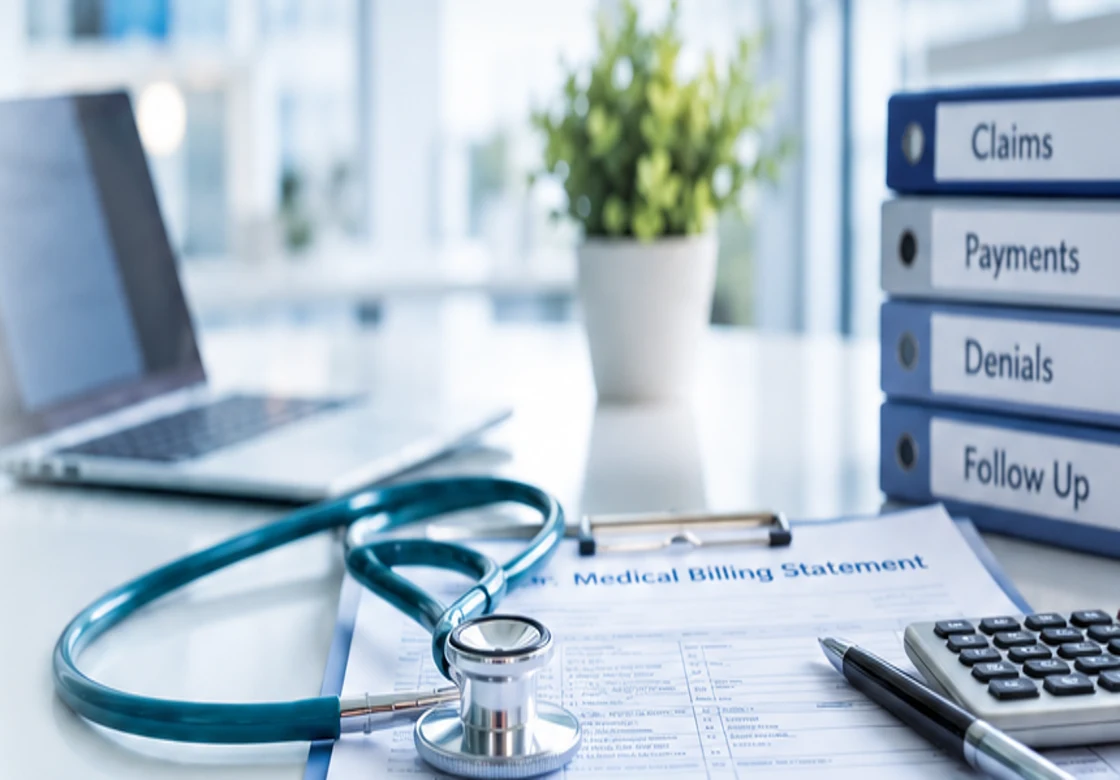Medical billing paperwork, laptop, calculator and stethoscope in a professional office